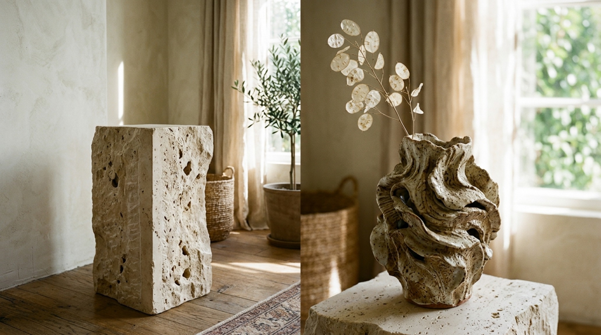 bespoke sculptural furniture including a hand-carved stone plinth as a side table next to a low-profile lounge chair in a sun-drenched nook bespoke sculptural furniture including a hand-carved stone plinth as a side table next to a low-profile lounge chair in a sun-drenched nook