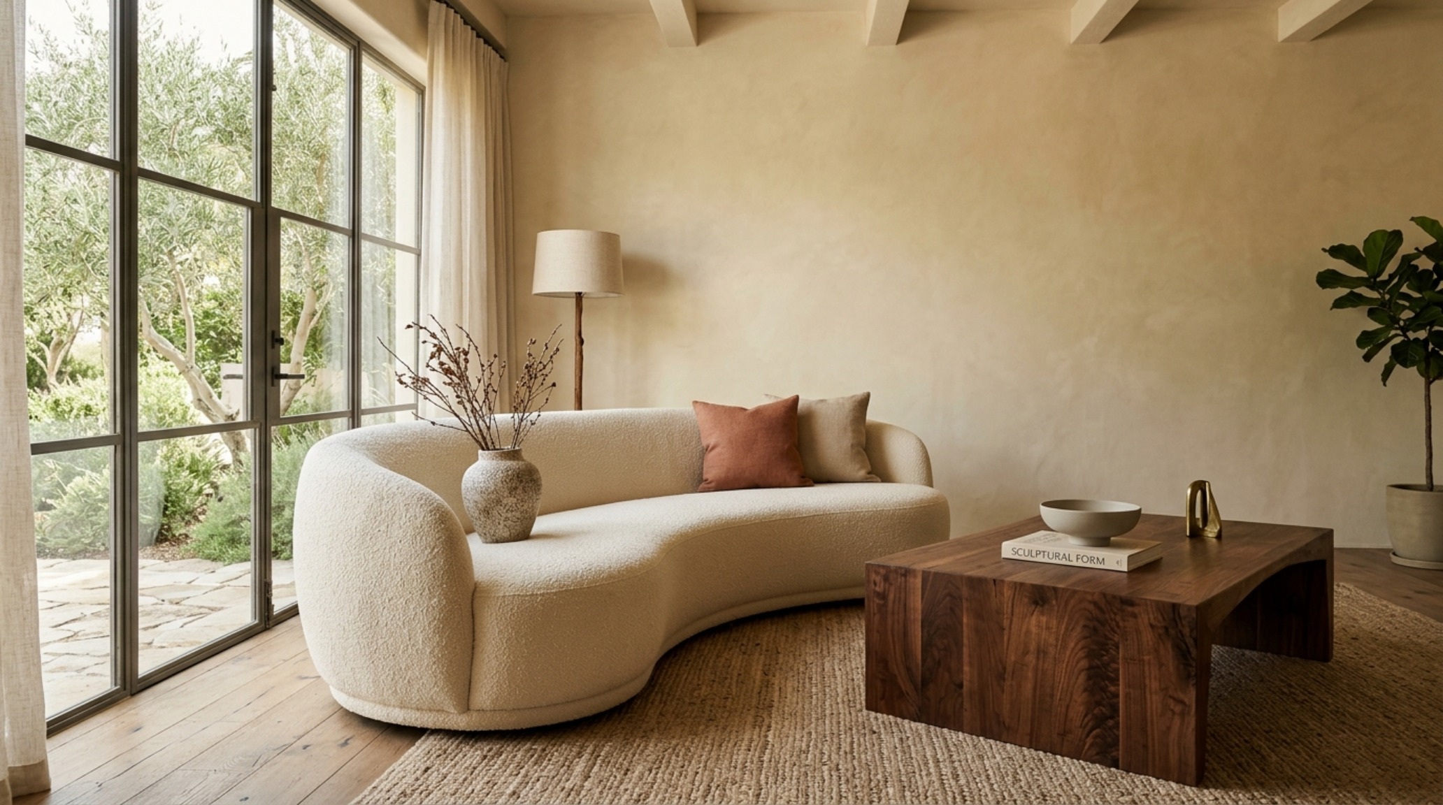 bespoke sculptural furniture featuring a curved bouclé sofa and a handcrafted walnut console in a minimalist gallery-style living room bespoke sculptural furniture featuring a curved bouclé sofa and a handcrafted walnut console in a minimalist gallery-style living room