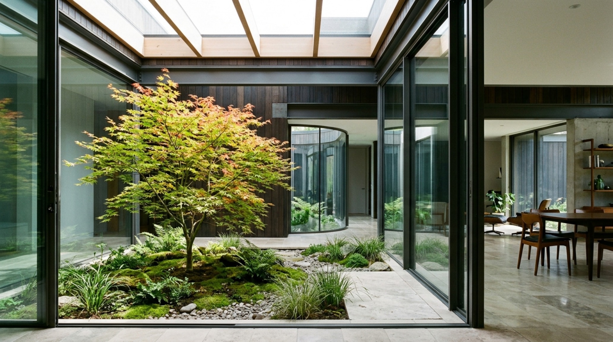 biophilic home architecture featuring a double-height glass atrium with an indoor olive tree and natural sunlight flooding a limestone hallway biophilic home architecture featuring a double-height glass atrium with an indoor olive tree and natural sunlight flooding a limestone hallway