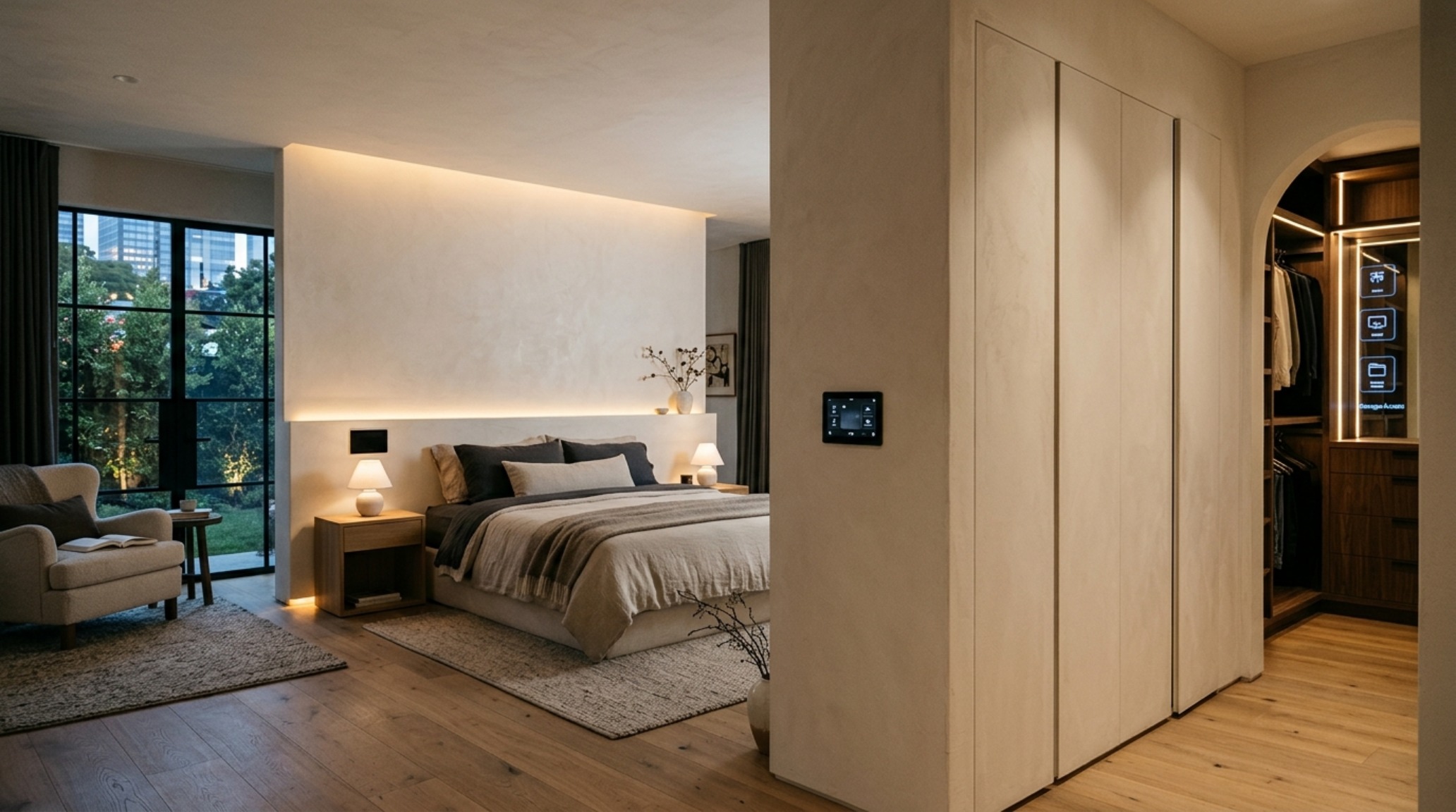 integrated smart home storage solutions in a master bedroom with hidden motorized wardrobes and recessed accent lighting integrated smart home storage solutions in a master bedroom with hidden motorized wardrobes and recessed accent lighting