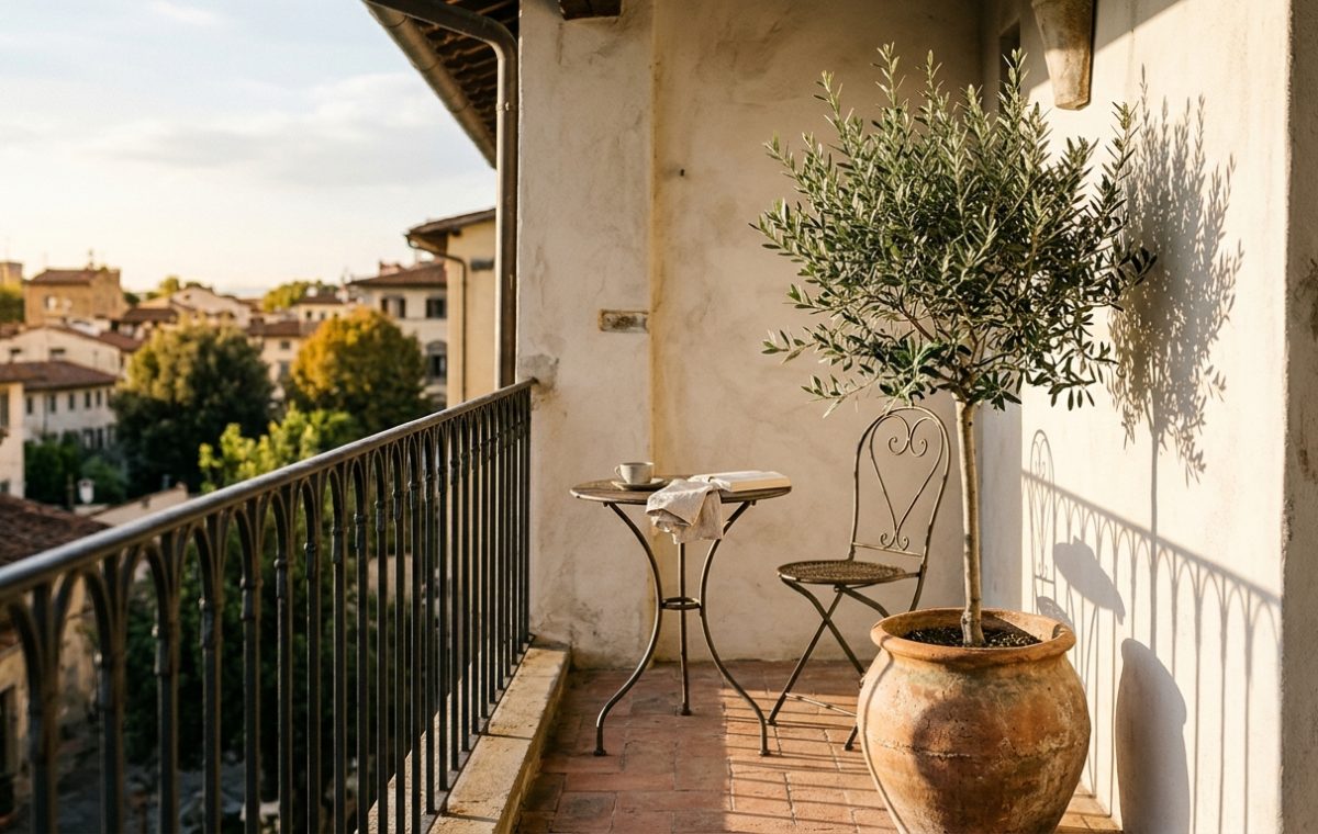 A narrow apartment balcony with limewashed walls and a small bistro set, showcasing high-end small apartment balcony ideas and Italian rustic design.
