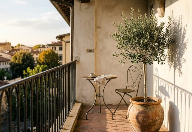 A narrow apartment balcony with limewashed walls and a small bistro set, showcasing high-end small apartment balcony ideas and Italian rustic design.