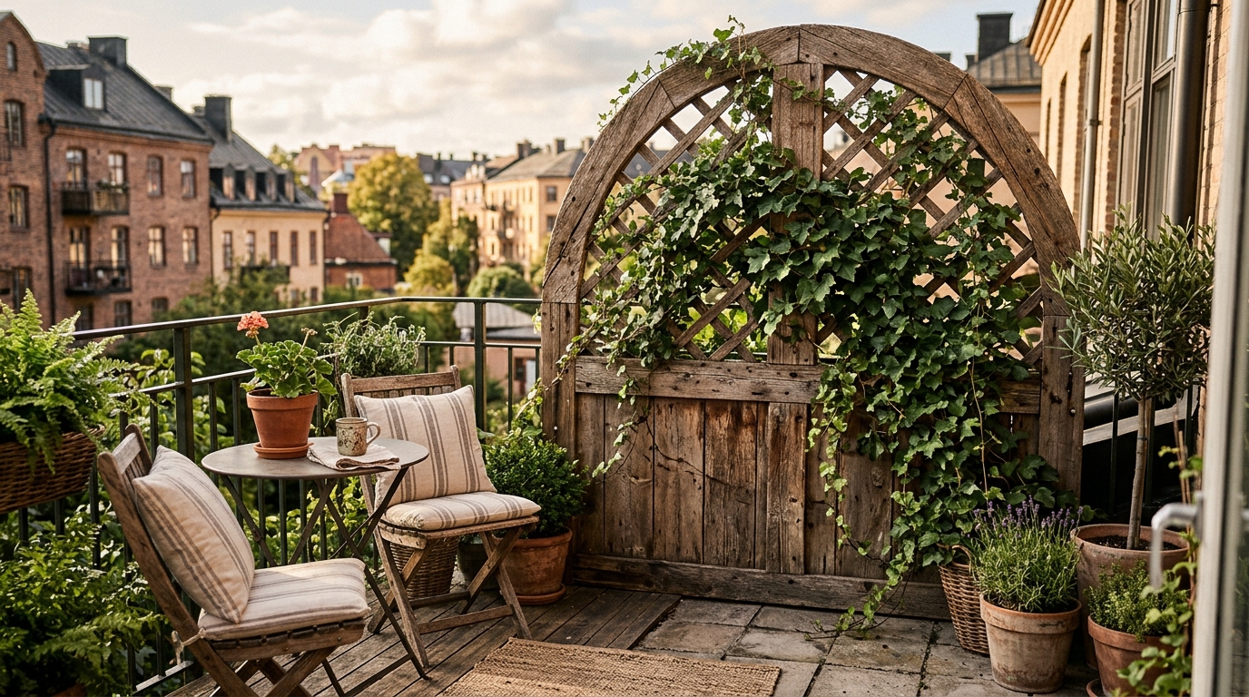 A custom-built arched wooden screen on a balcony providing privacy while maintaining the Jenny Marrs outdoor furniture aesthetic.
