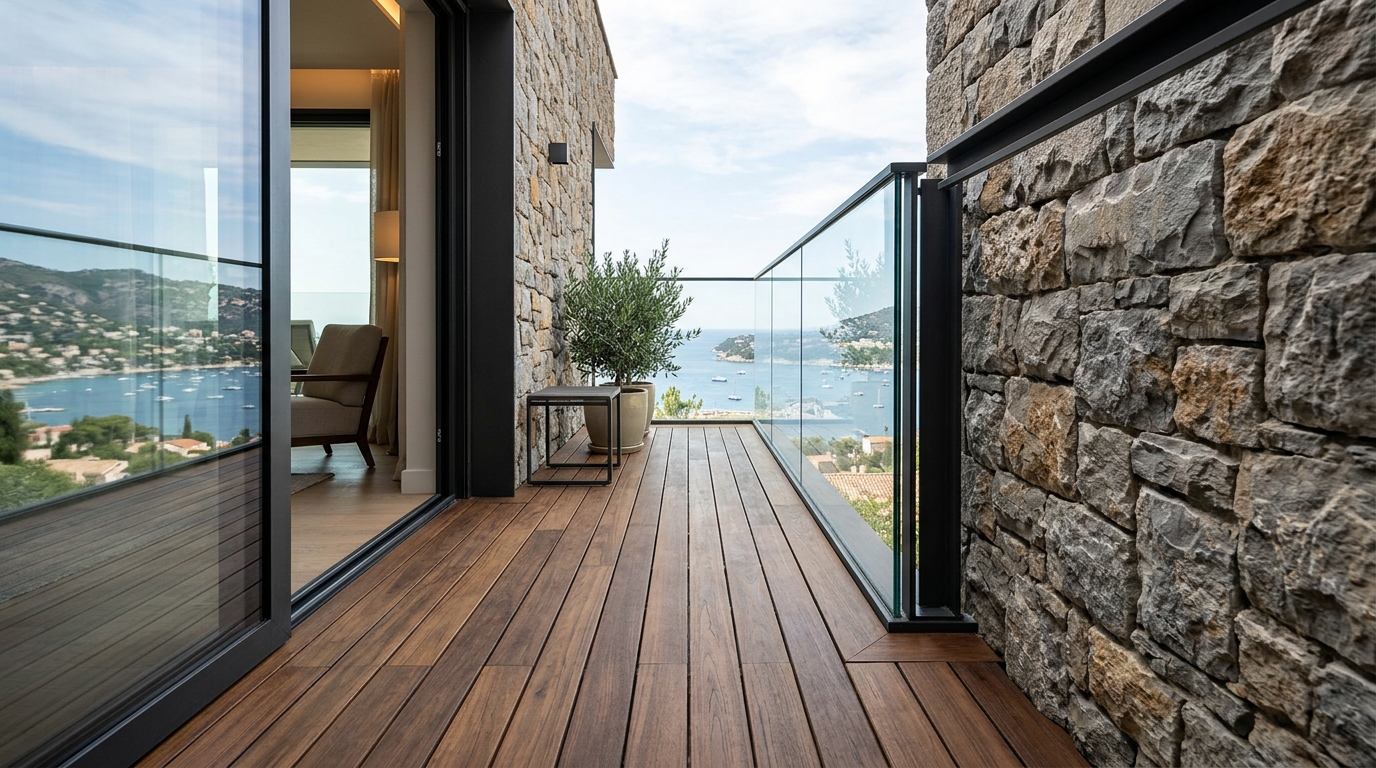 Interlocking teak floor tiles meeting a white limewash wall on a narrow urban balcony, creating a clean material transition.