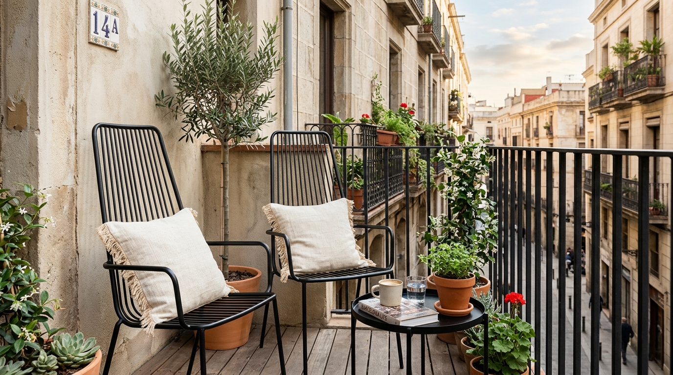 A pair of slender black metal chairs with neutral linen cushions arranged to optimize small balcony seating ideas.