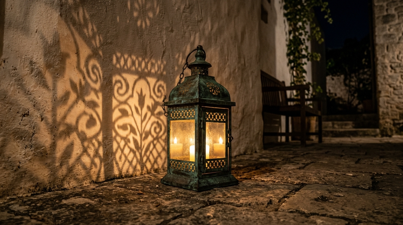 Detailed shot of a patinated bronze outdoor lantern casting intricate shadows against a textured stone wall.