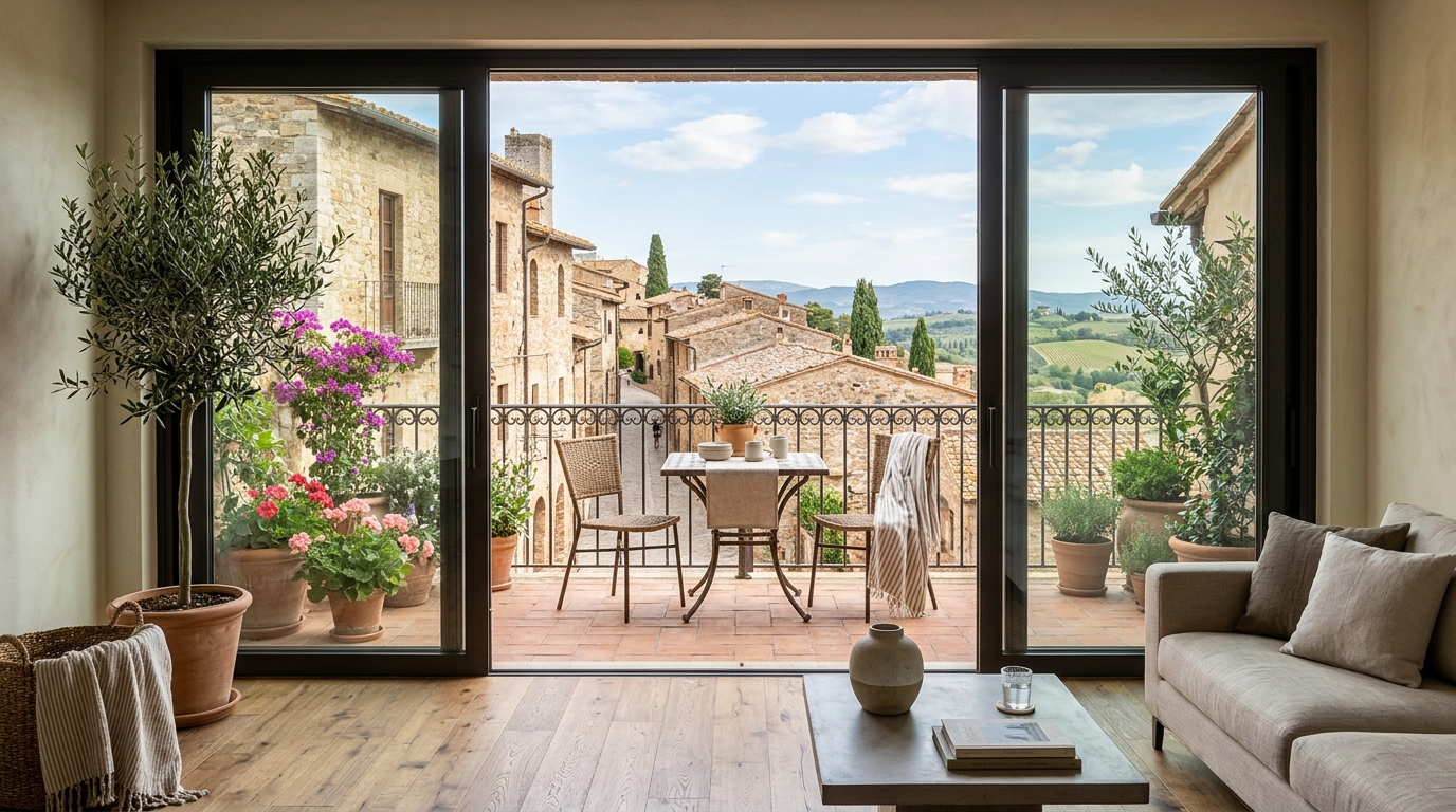 View from an interior living room looking out onto a narrow balcony, showing perfect sightline alignment and spatial flow.