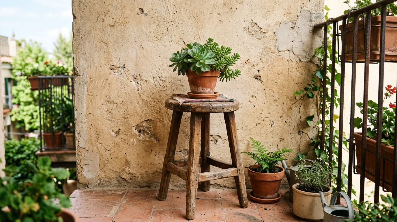 An antique wooden stool used as a side table on a small balcony, adding a touch of Jenny Marrs' Italian antiques style.