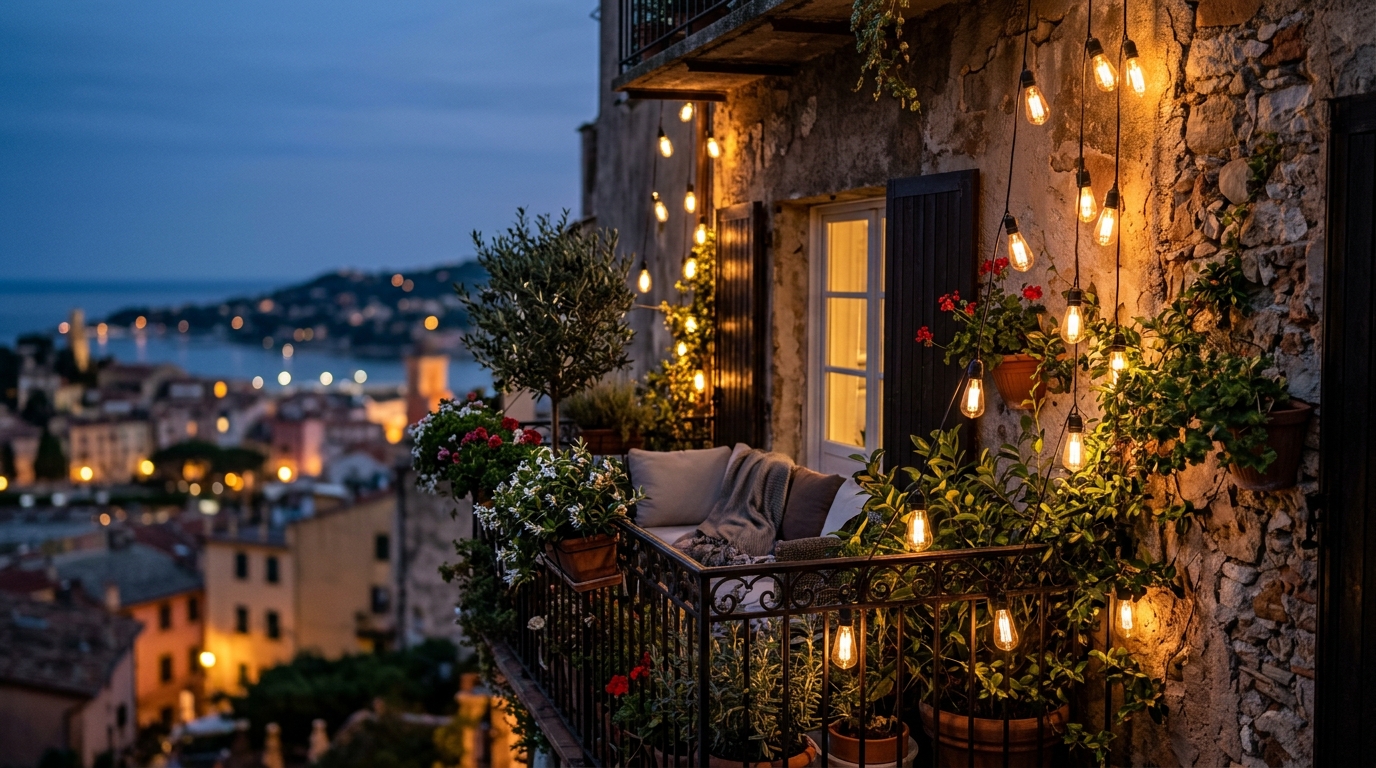 Warm LED string lights draped vertically against a dark balcony wall to emphasize height in a small space.