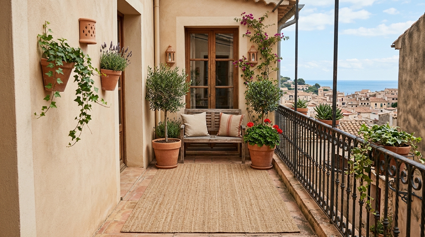 A narrow balcony featuring a small outdoor rug with a subtle Mediterranean pattern to unify the floor plane.