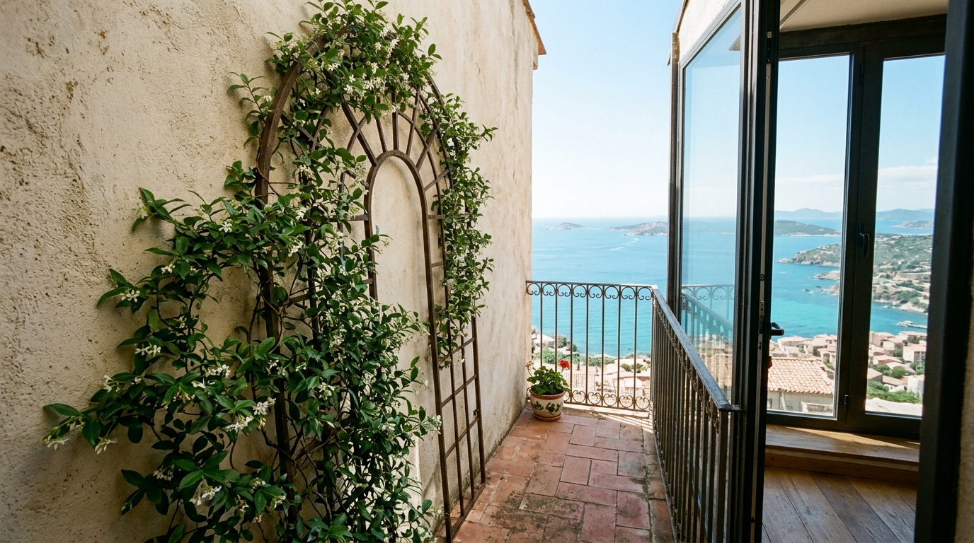 Architectural view of a balcony with arched wrought iron trellises and climbing plants, demonstrating vertical sightlines in a Jenny Marrs Italian house style.