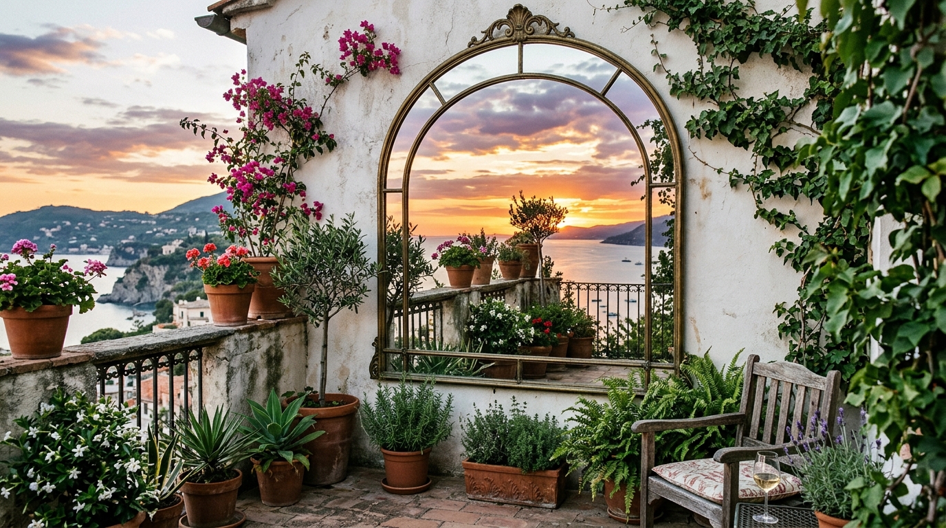 Strategic placement of a large mirror on a balcony wall to reflect the view and double the perceived space.