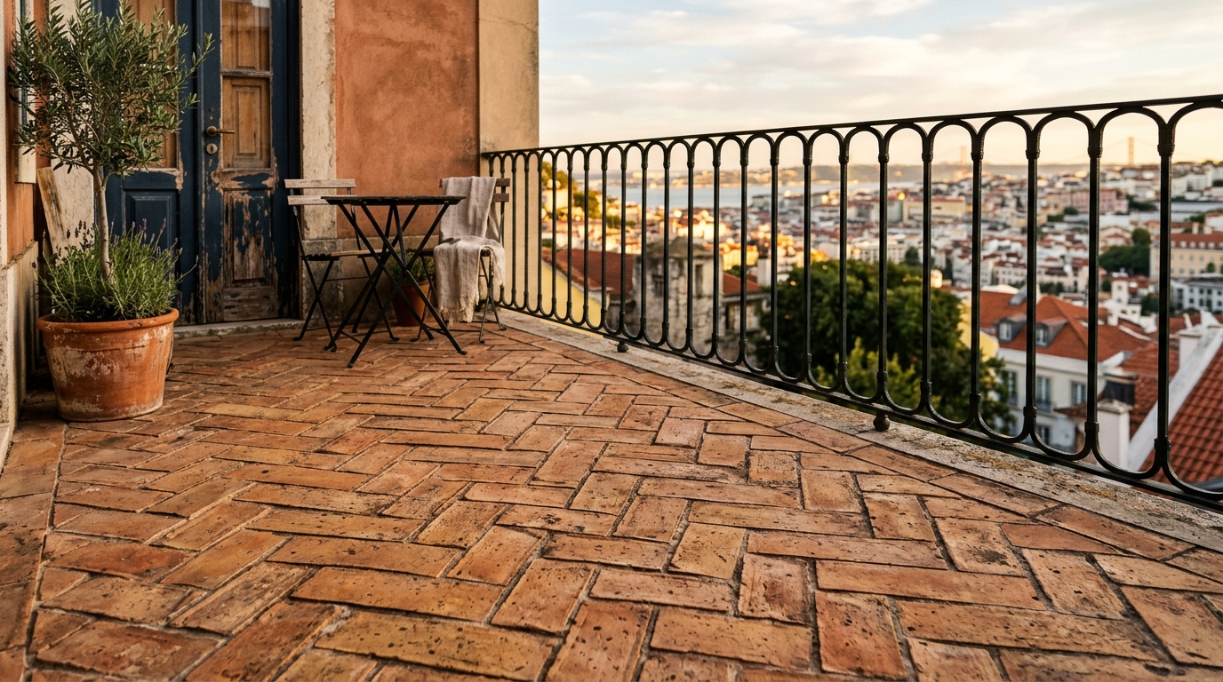 Traditional Italian terracotta pavers laid in a herringbone pattern on a modern apartment balcony.