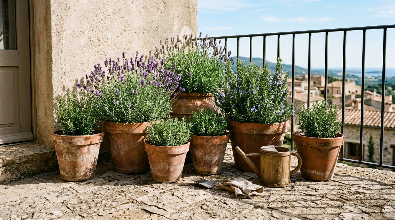 A cluster of different sized clay pots with rosemary and lavender, creating a sensory balcony experience.