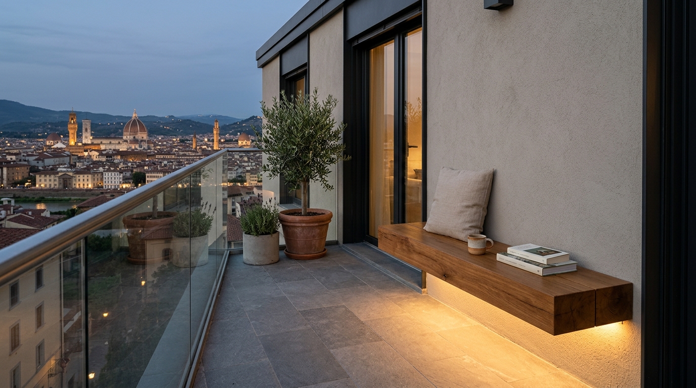 Modern minimalist balcony with a floating wooden bench and hidden warm white LED strip lighting.