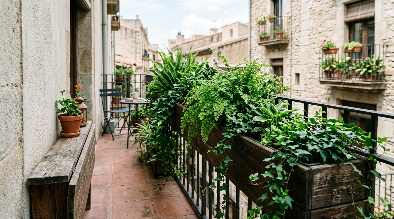 A small balcony featuring a built-in planter box with lush green ferns and trailing ivy for a 'secret garden' feel.