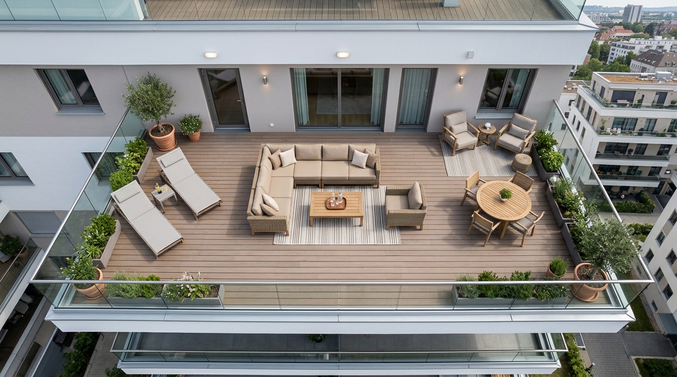 High-angle shot of a balcony layout showing the 30-inch clearance needed for comfortable seating.