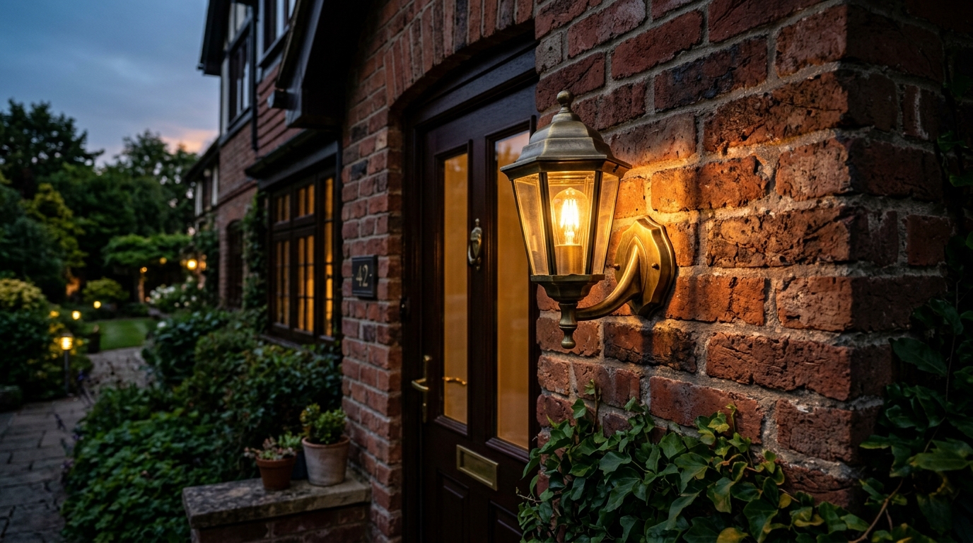 A brass wall-mounted sconce with a 2700K bulb illuminating a limewashed brick wall on an urban terrace.
