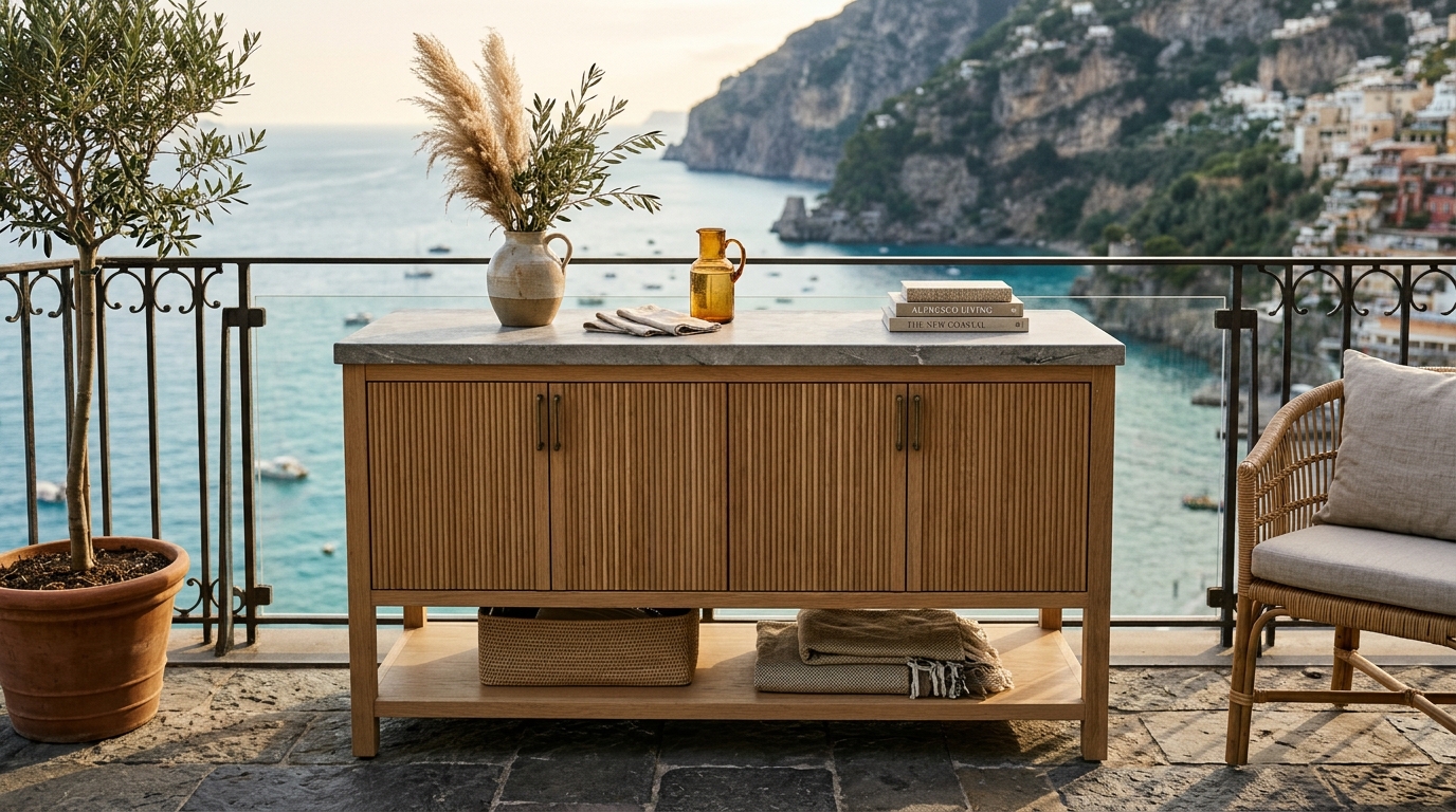 Detail of a fluted white oak outdoor cabinet used for storage on a rustic Italian-inspired balcony.