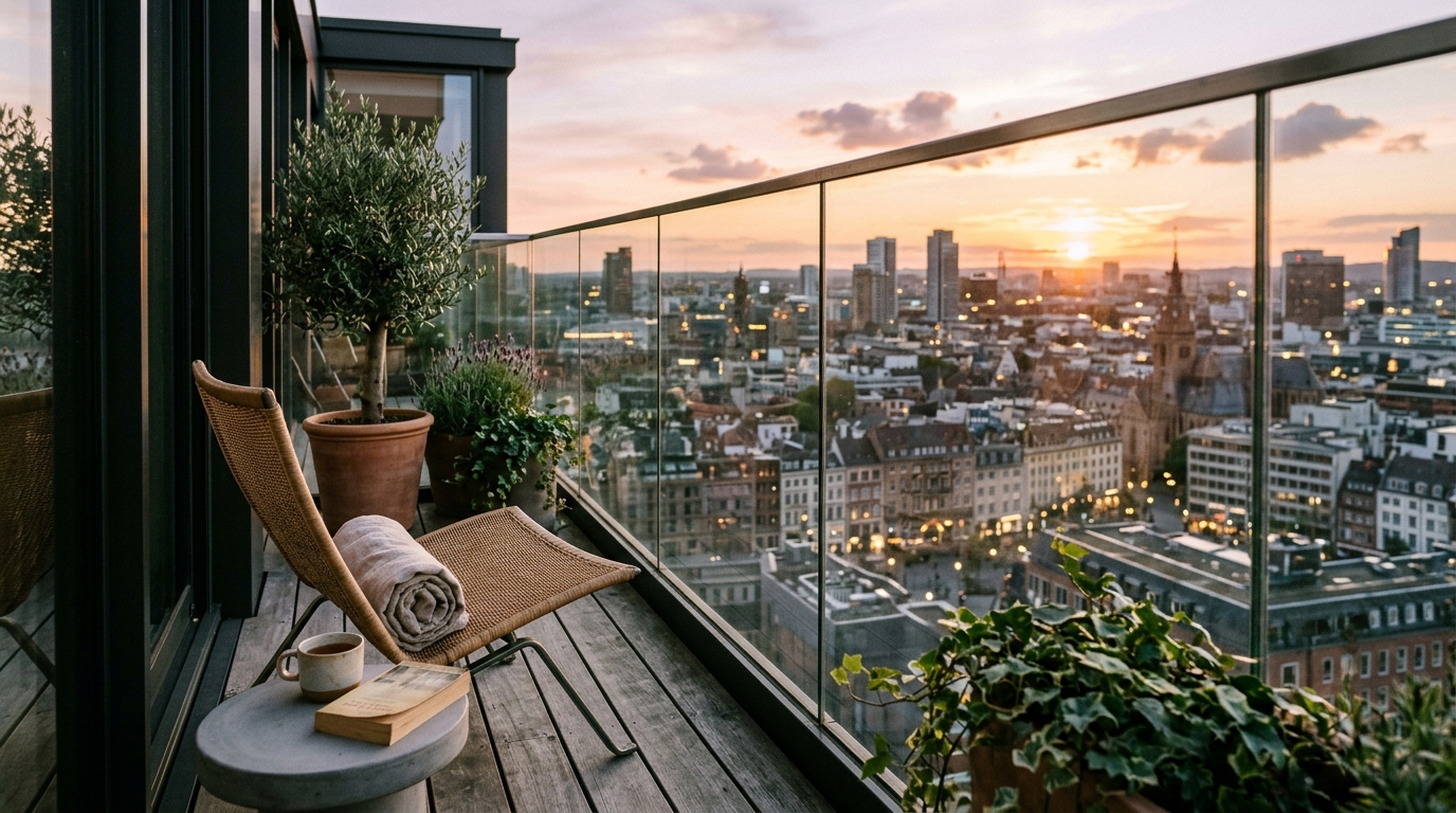 A narrow balcony with a glass railing to maintain unobstructed views and a sense of openness.