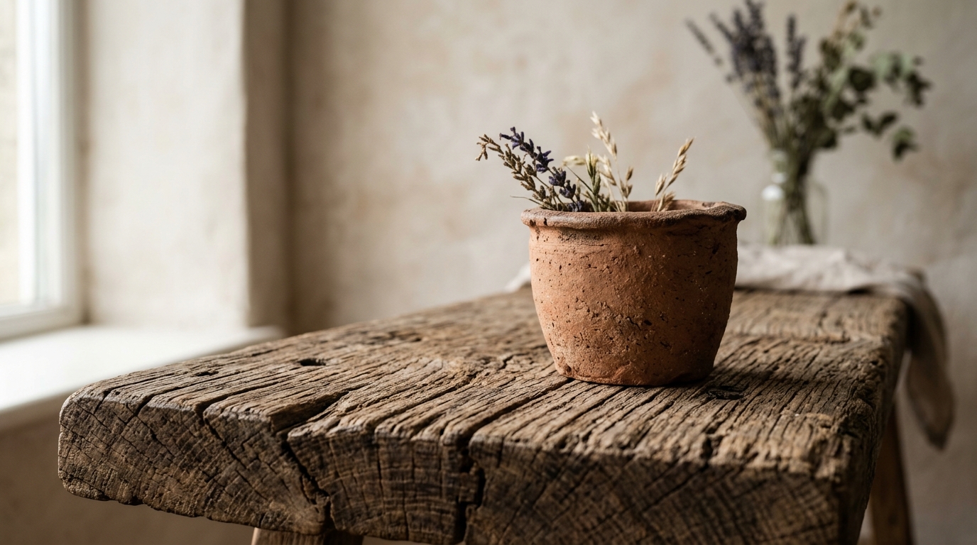 Close-up of tactile materials including a weathered wood bench and a terracotta pot on a balcony, emphasizing rustic Italian patio decor.