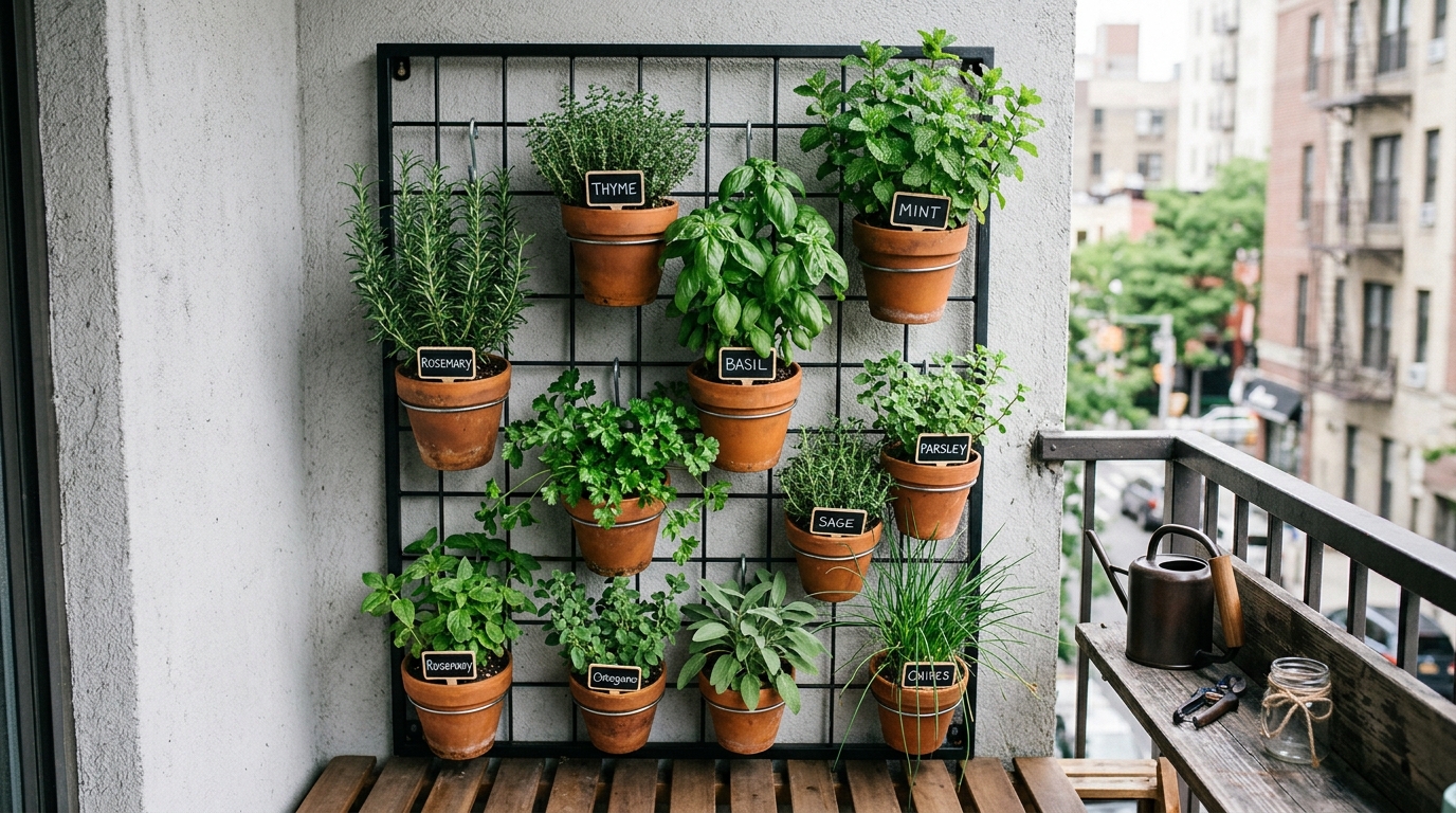 Vertical herb garden mounted on a wrought iron grid, a space-saving solution for small apartment balcony ideas.