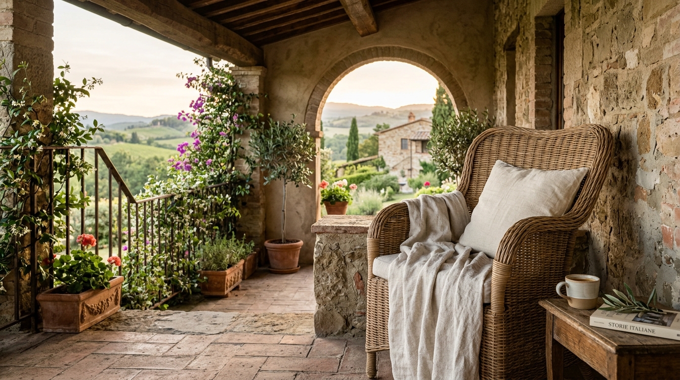 A linen throw draped over a wicker chair on a balcony, adding softness to the rustic Italian patio decor.