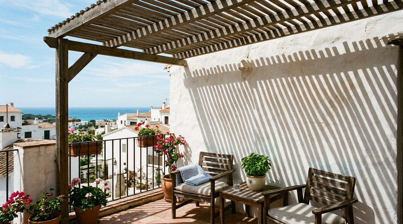Sunlight filtering through a slatted wooden pergola over a narrow apartment balcony, creating rhythmic shadows.