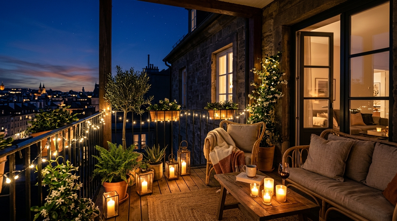 A cozy balcony at dusk with warm 2700K string lights and flickering candles, illustrating atmospheric lighting for Organic Modern outdoor living.