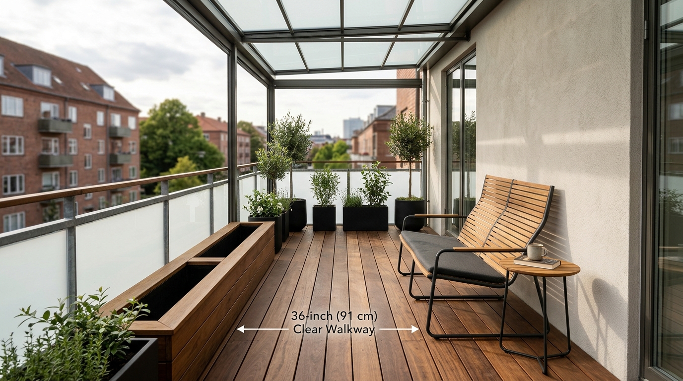 Functional layout of a small balcony with 36-inch walkway clearance and slender furniture, providing practical small apartment balcony ideas.