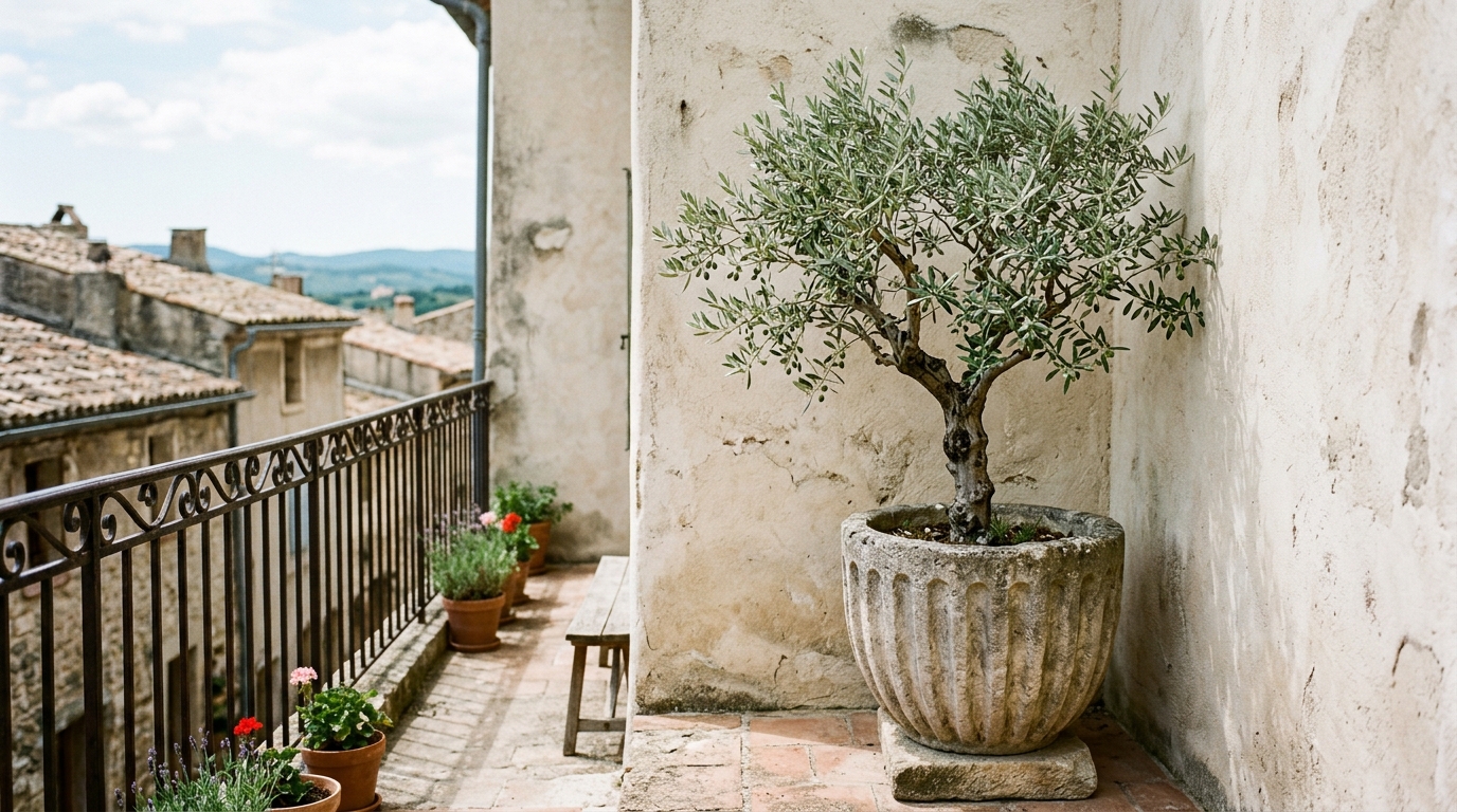 A single olive tree in a large fluted stone pot placed in the corner of a narrow balcony to create visual weight and depth.