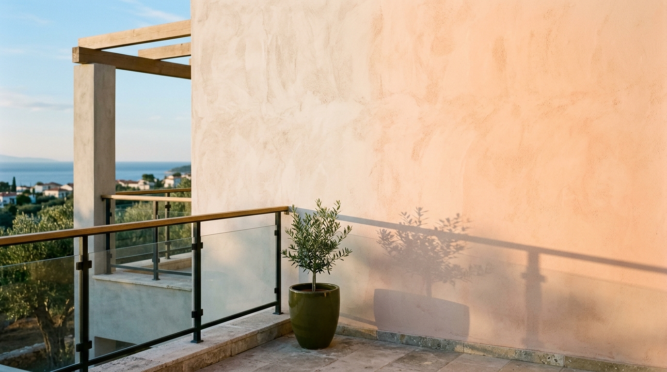 Limewashed balcony wall in Farrow & Ball Setting Plaster, catching the soft directional sunlight of a late afternoon.