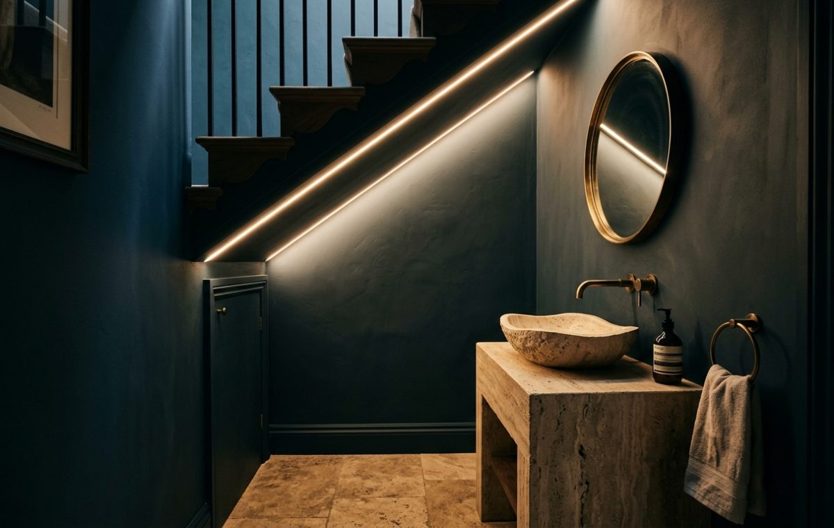A luxury powder room under stairs with deep navy walls and a warm 2700K integrated LED strip highlighting the sloped ceiling stringer.