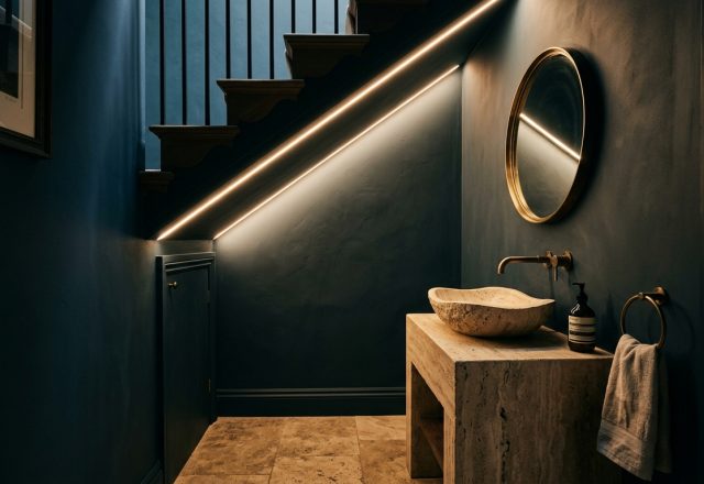 A luxury powder room under stairs with deep navy walls and a warm 2700K integrated LED strip highlighting the sloped ceiling stringer.