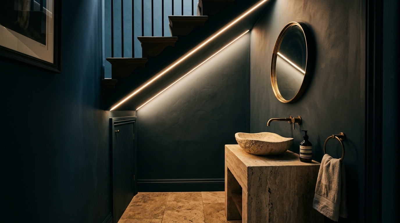 A luxury powder room under stairs with deep navy walls and a warm 2700K integrated LED strip highlighting the sloped ceiling stringer. A luxury powder room under stairs with deep navy walls and a warm 2700K integrated LED strip highlighting the sloped ceiling stringer.
