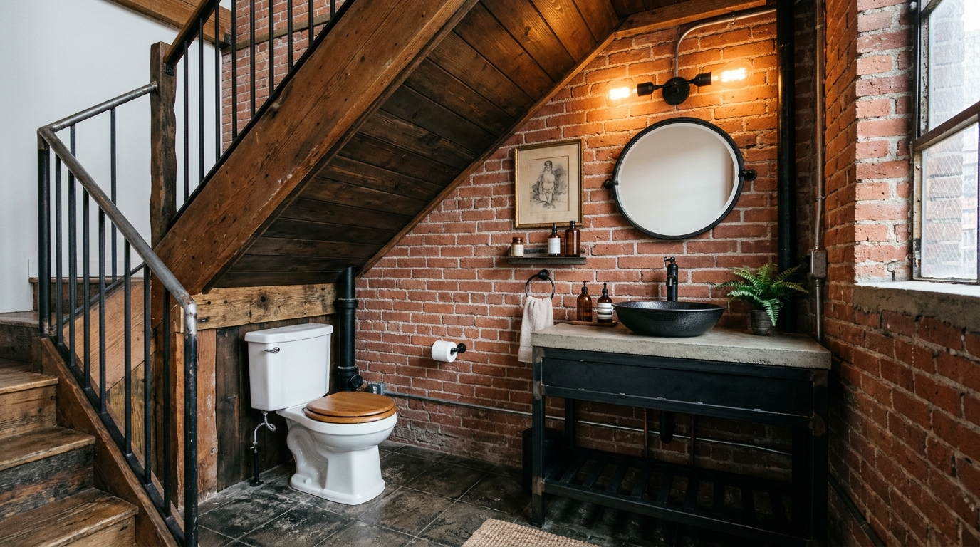 Industrial style under stairs toilet ideas with exposed brick and a matte black vessel sink. Industrial style under stairs toilet ideas with exposed brick and a matte black vessel sink.