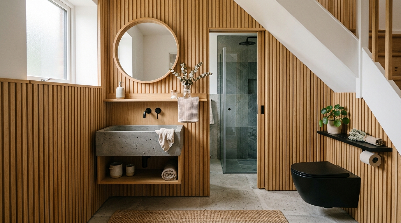 Japandi inspired small space architecture bathroom with light oak slats and a concrete basin. Japandi inspired small space architecture bathroom with light oak slats and a concrete basin.