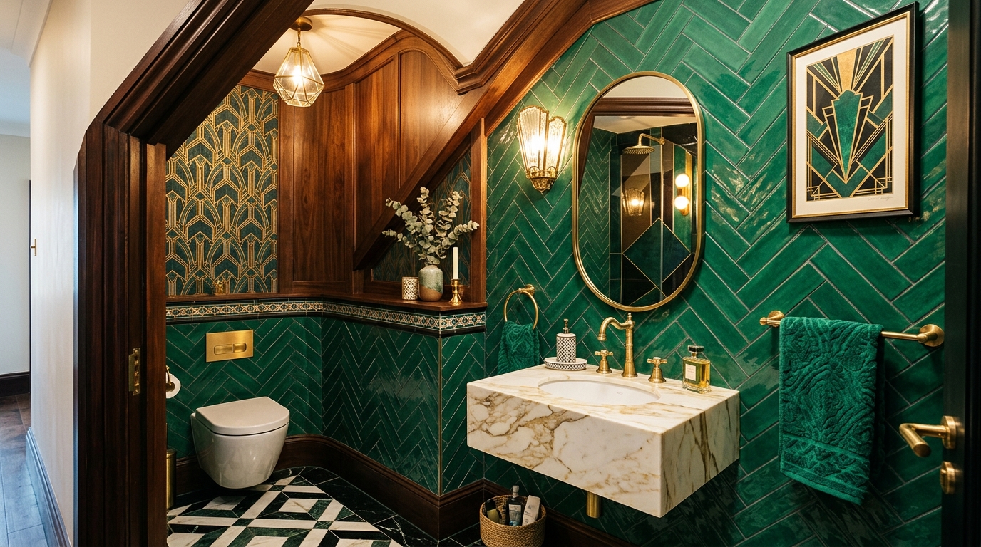 Art Deco powder room under stairs featuring emerald green tiles and a geometric gold mirror. Art Deco powder room under stairs featuring emerald green tiles and a geometric gold mirror.