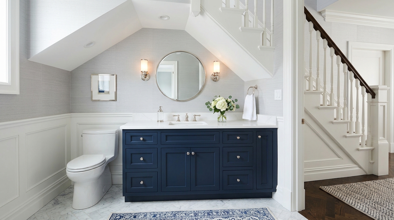 Transitional under stairs bathroom with navy blue shaker vanity and white quartz countertops. Transitional under stairs bathroom with navy blue shaker vanity and white quartz countertops.