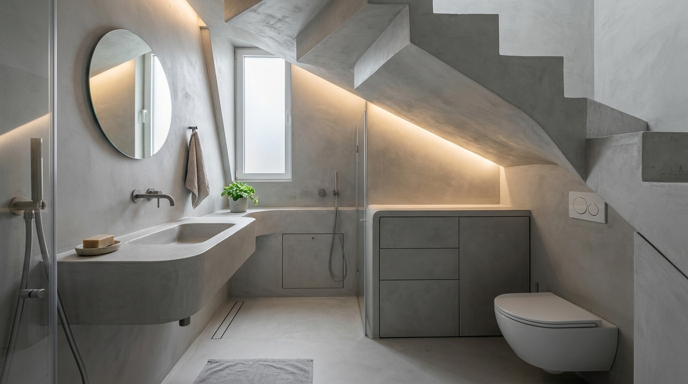 Minimalist powder room design with seamless micro-cement walls and hidden storage under the slope. Minimalist powder room design with seamless micro-cement walls and hidden storage under the slope.