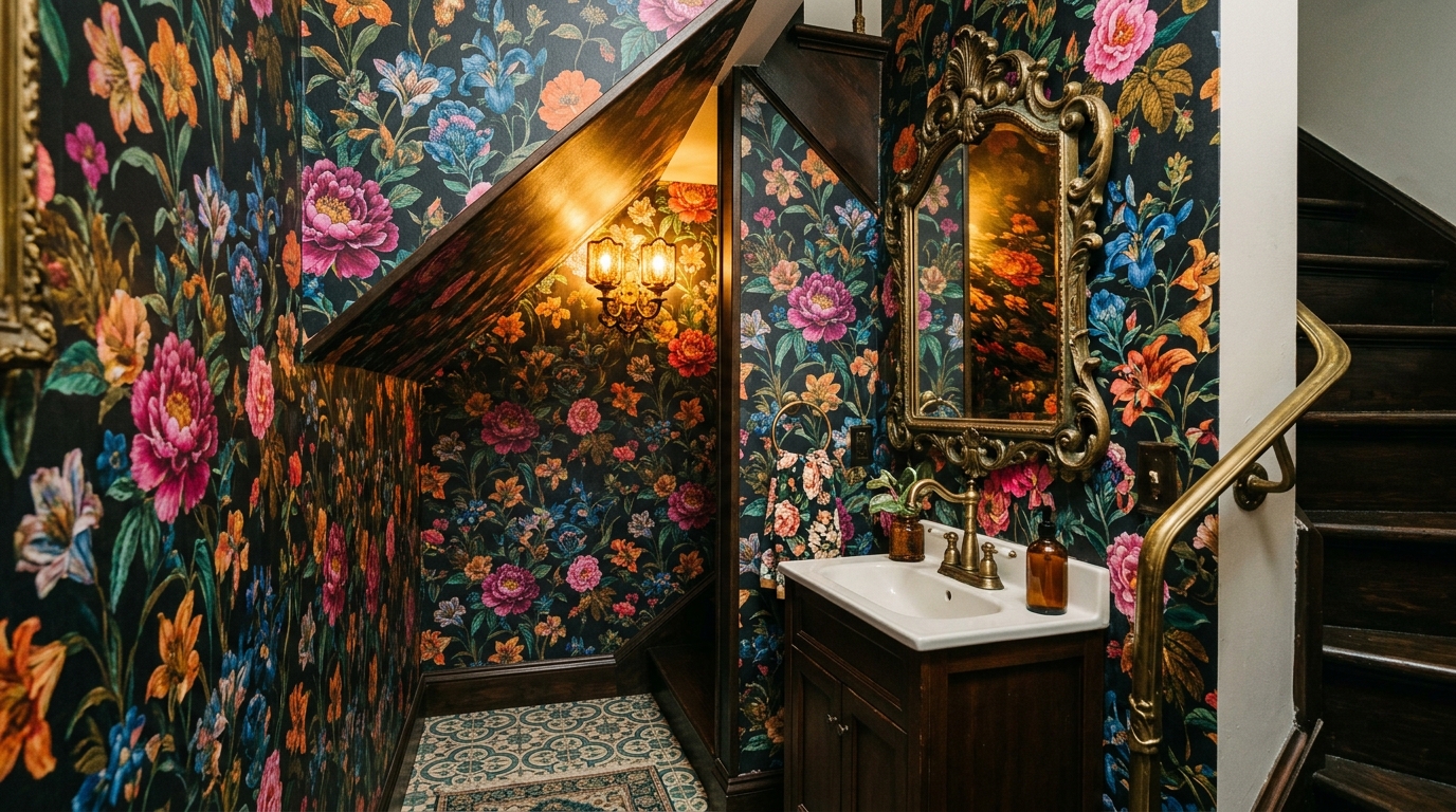 Eclectic guest bathroom under stairs with bold floral wallpaper and a repurposed antique vanity. Eclectic guest bathroom under stairs with bold floral wallpaper and a repurposed antique vanity.