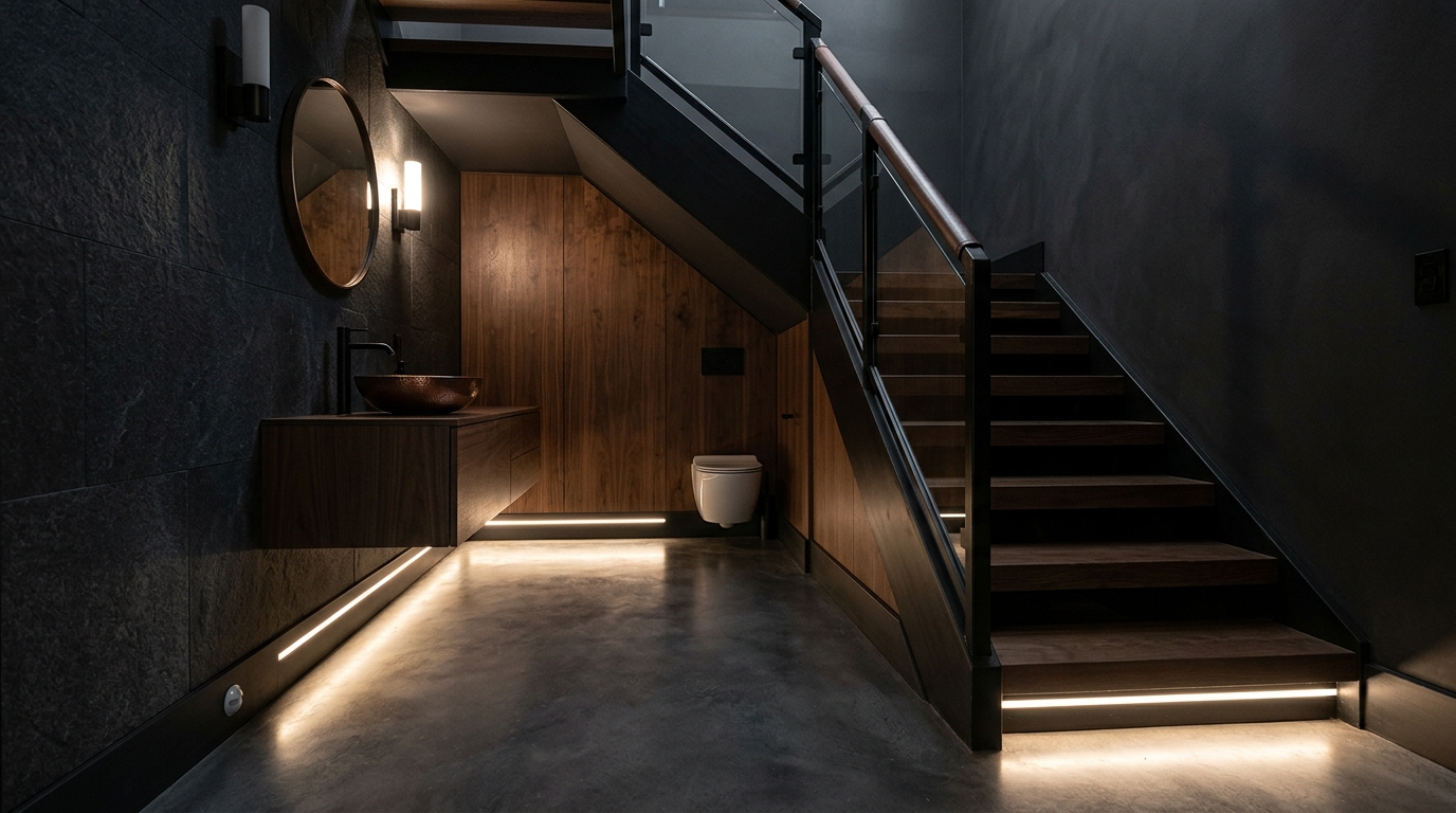 Smart home renovation ideas showing motion-activated floor lighting in a dark powder room. Smart home renovation ideas showing motion-activated floor lighting in a dark powder room.
