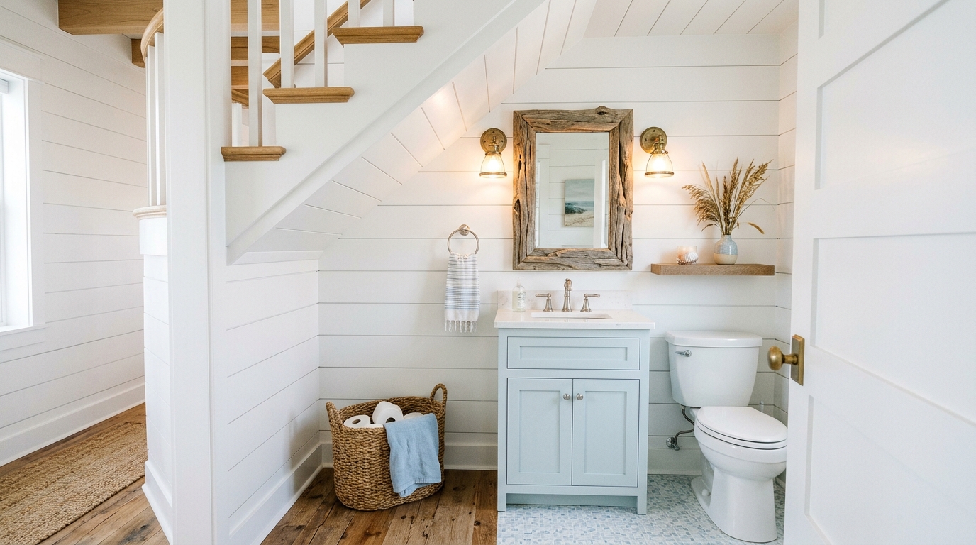 Coastal style under stairs toilet with shiplap walls and a driftwood framed mirror. Coastal style under stairs toilet with shiplap walls and a driftwood framed mirror.