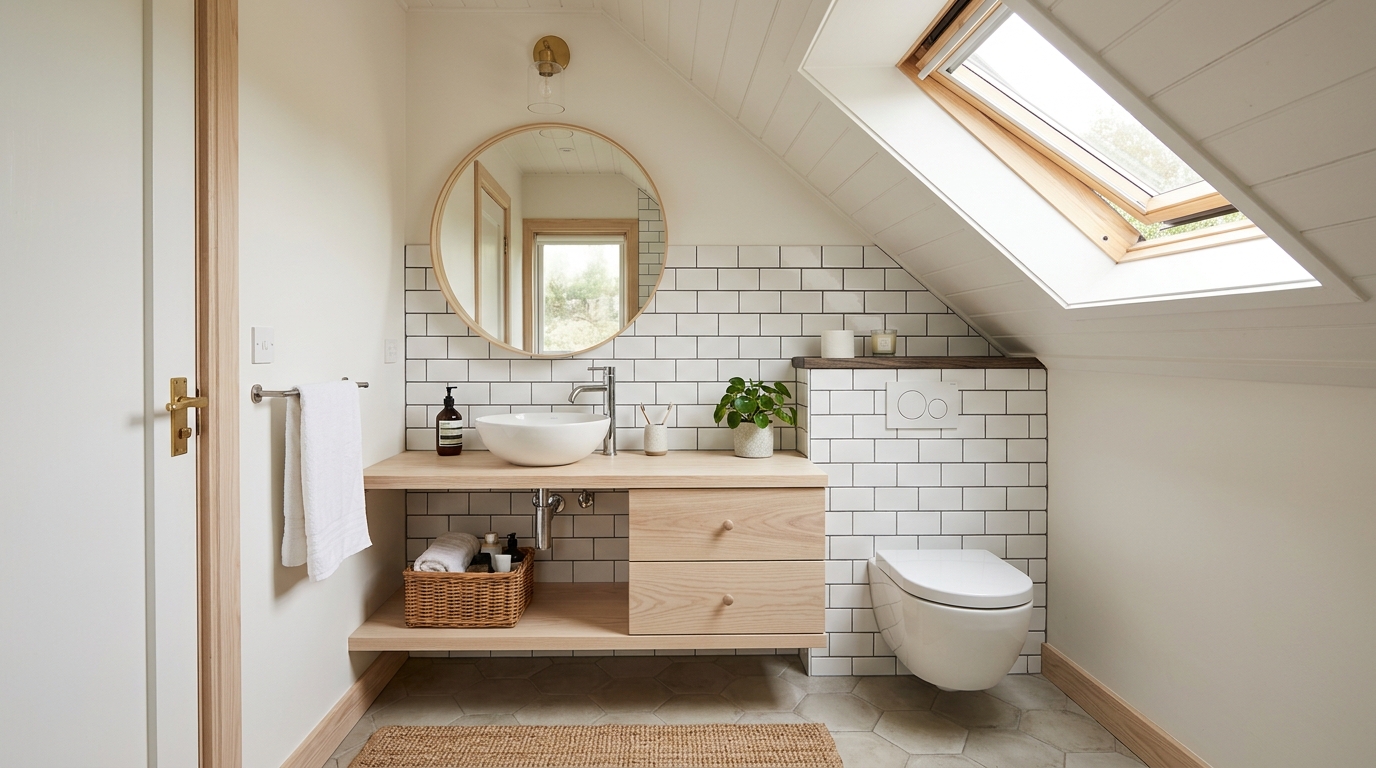 Scandinavian small under stairs bathroom layout with white subway tiles and light wood accents. Scandinavian small under stairs bathroom layout with white subway tiles and light wood accents.