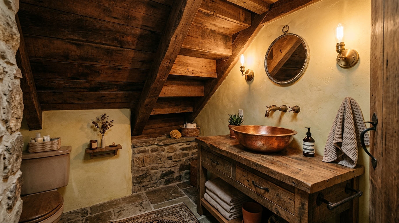 Rustic powder room under stairs with a reclaimed wood ceiling and copper basin. Rustic powder room under stairs with a reclaimed wood ceiling and copper basin.
