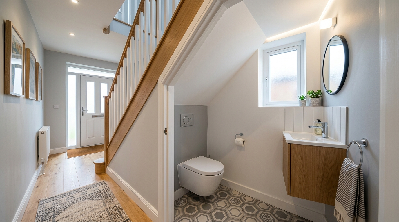 Architectural floor plan view of a small under stairs bathroom layout featuring a wall-hung toilet and compact vanity placement. Architectural floor plan view of a small under stairs bathroom layout featuring a wall-hung toilet and compact vanity placement.