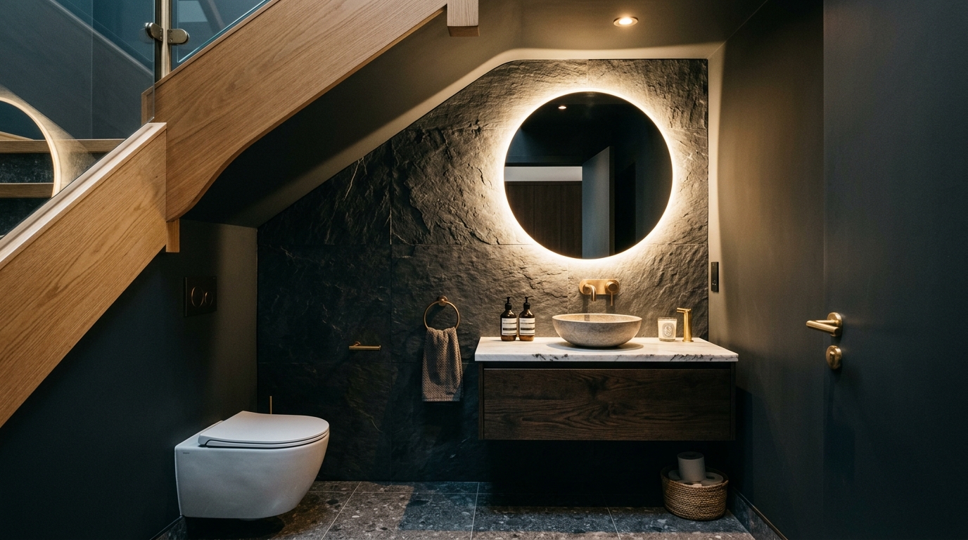 Sleek contemporary half bath with backlit mirror and textured stone feature wall under the stairs. Sleek contemporary half bath with backlit mirror and textured stone feature wall under the stairs.