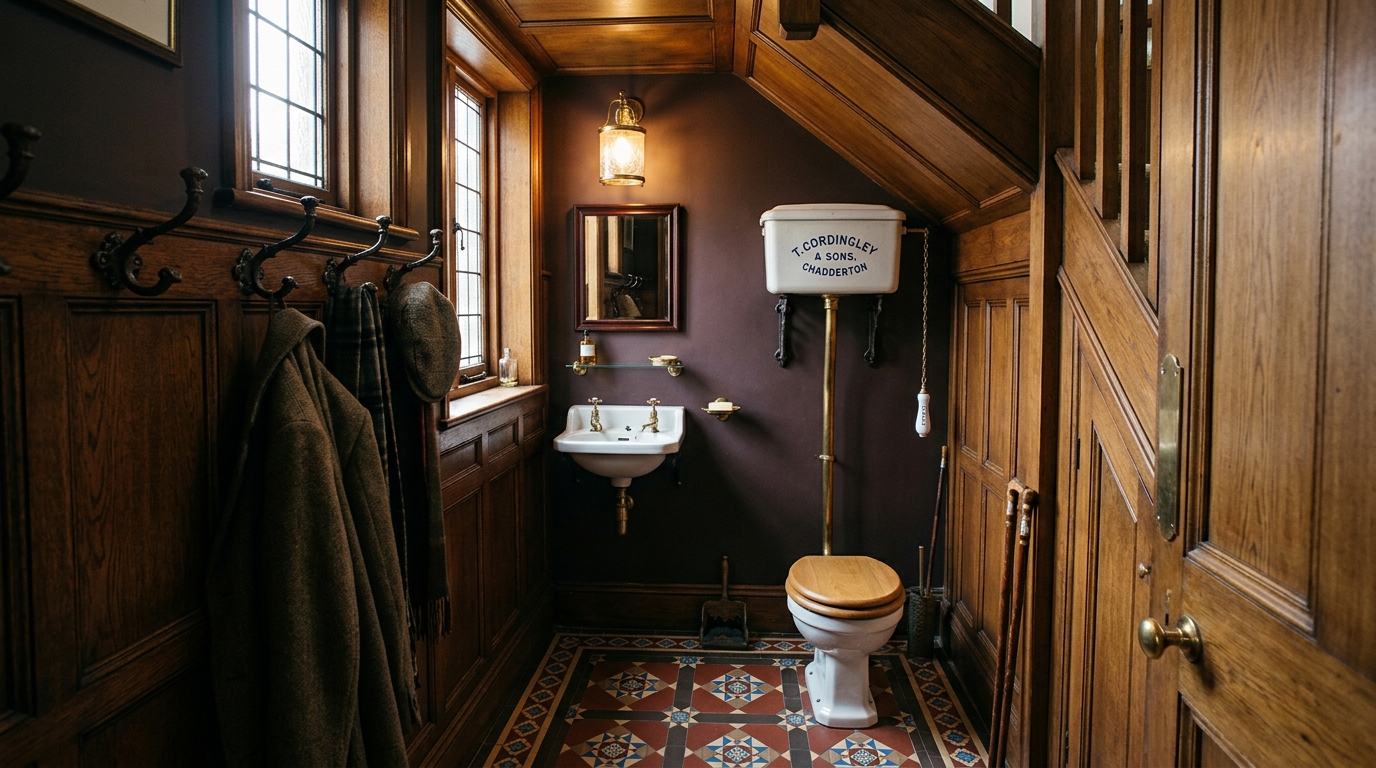 Victorian inspired cloakroom with high-level toilet cistern and patterned floor tiles. Victorian inspired cloakroom with high-level toilet cistern and patterned floor tiles.