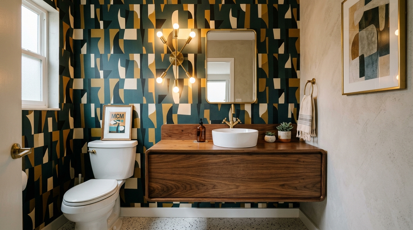 Mid-century modern powder room under stairs with walnut vanity and atomic age sconces. Mid-century modern powder room under stairs with walnut vanity and atomic age sconces.