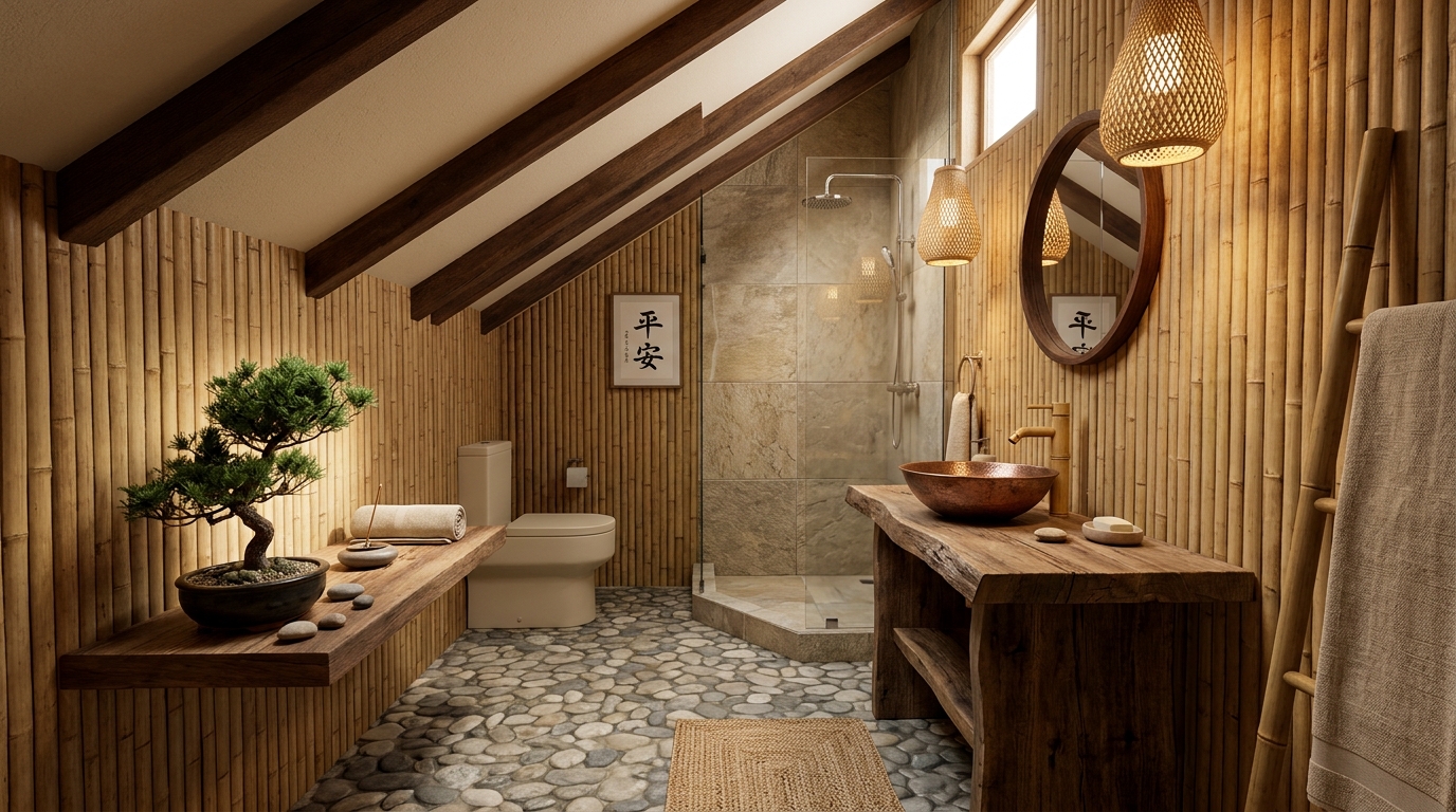 Zen-like under stairs bathroom with bamboo accents and a pebble floor detail. Zen-like under stairs bathroom with bamboo accents and a pebble floor detail.